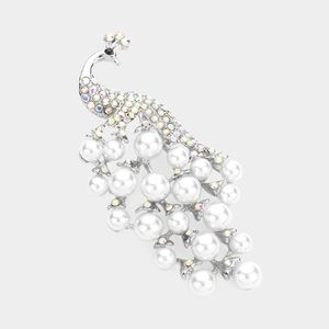 Silver Pearl Peacock Rhinestone Crystal Bling 2.5 Inch Brooch Pin Accessory Ab
